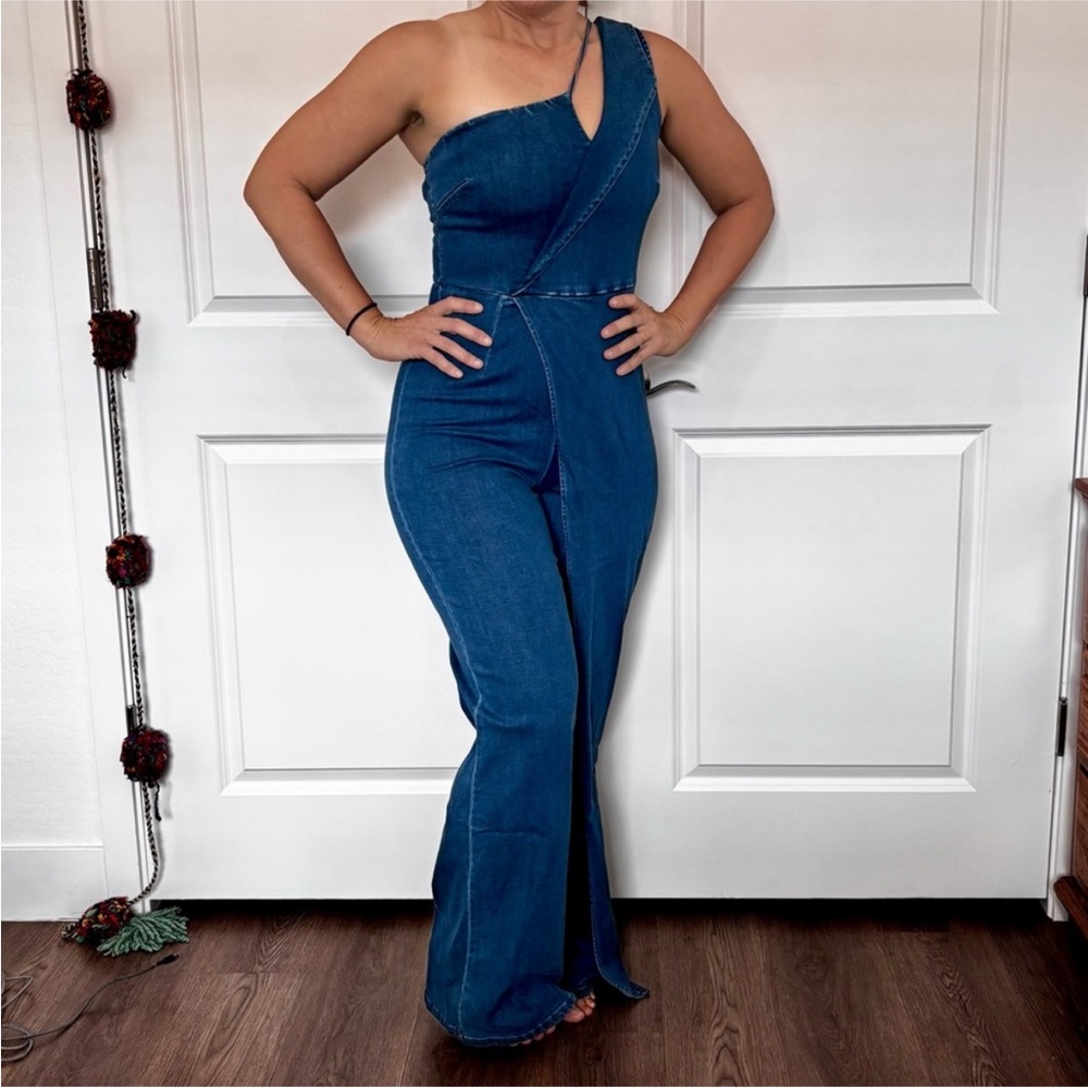 Valentine Y2K One-Shoulder, Wide-Leg Denim/Jean Stretch Jumpsuit Jumper